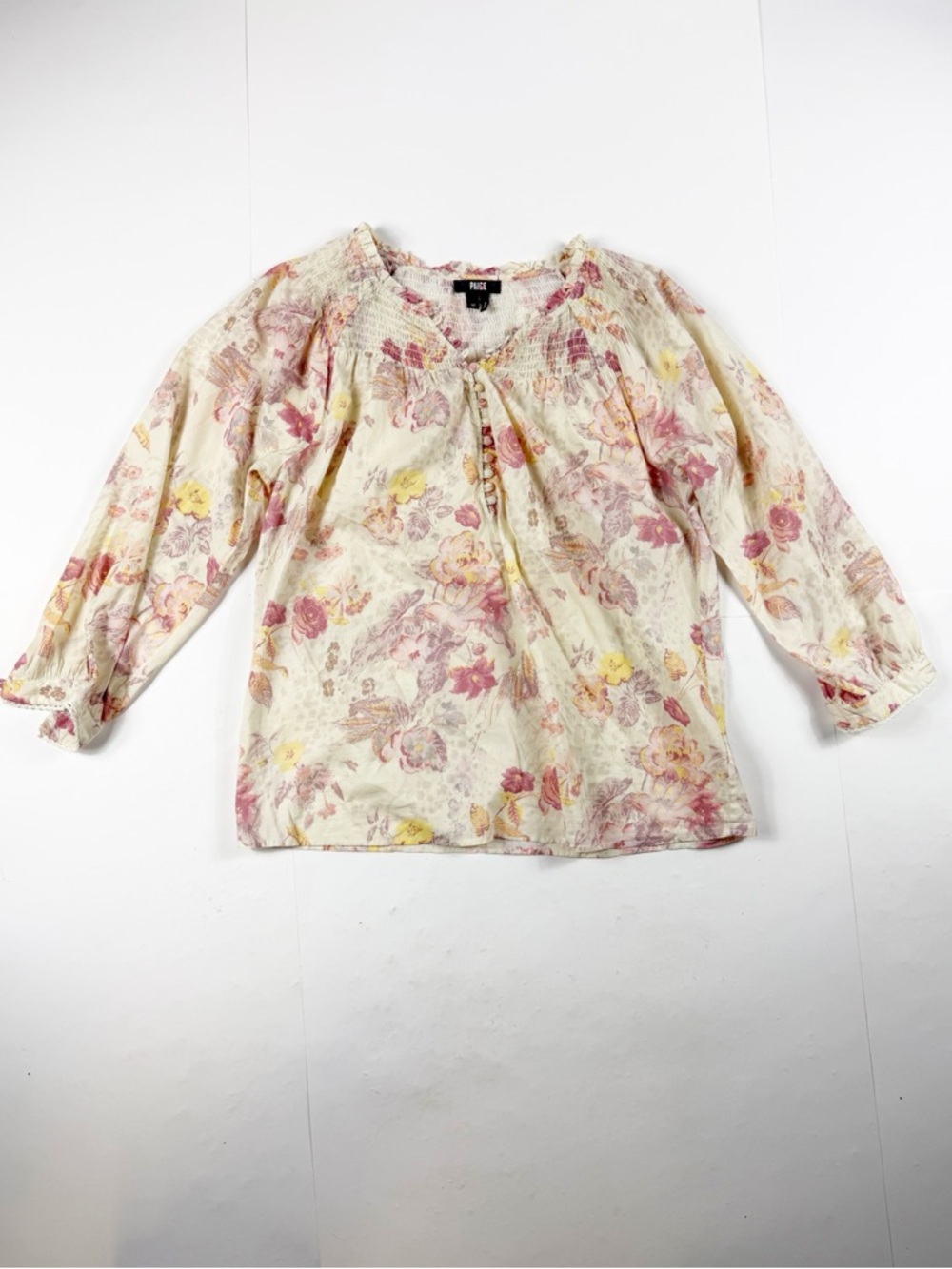 PAIGE Cream Floral Smocked-Neck Blouse - Pink & Yellow‎ Medium